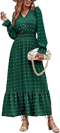 MASCOMODA Women Boho Maxi Dress 2024 Long Sleeve V Neck Swiss Dot Smocked High Waisted A-Line Ruffle Tiered Long Dress