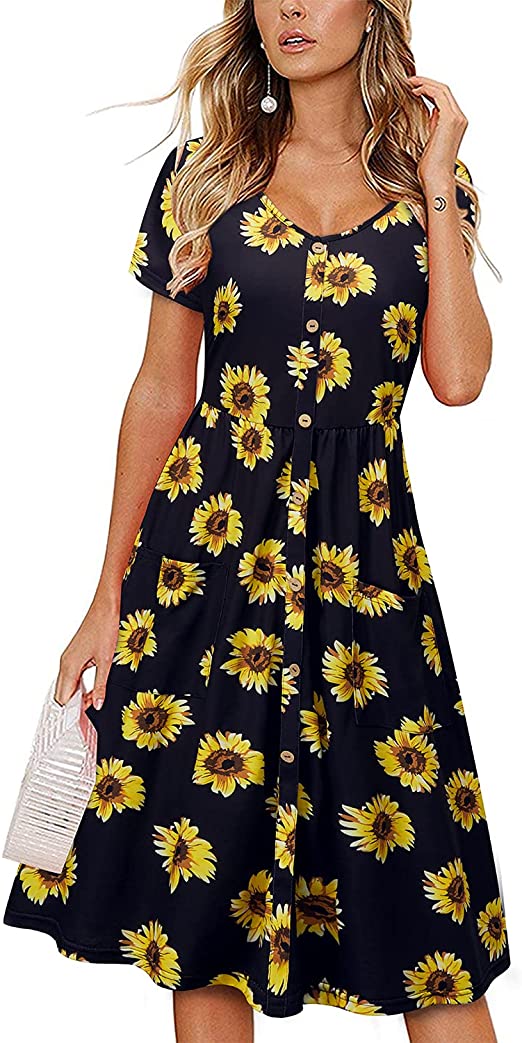 VOTEPRETTY Women's Short Sleeve V Neck Sundress Summer Casual Button Floral Dress with Pockets