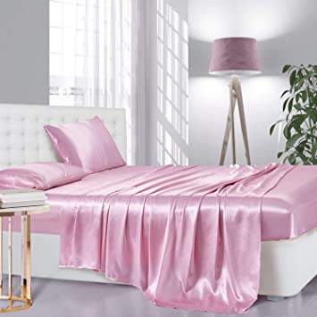 Lanest Housing Silk Satin Sheets, 4-Piece Full Size Satin Bed Sheet Set with Deep Pockets, Cooling Soft and Hypoallergenic Satin Sheets Full - Pink