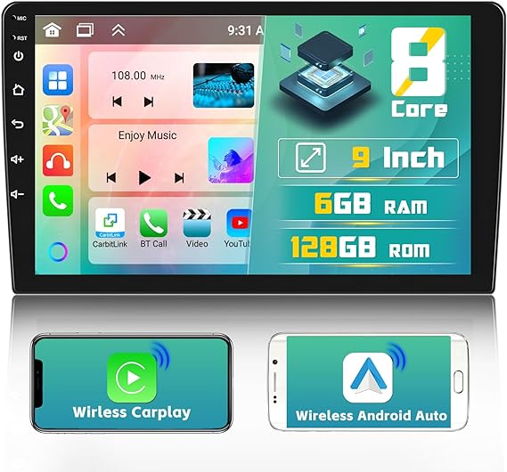 8-Core 128 6GB Hikity 9" IPS Touchscreen Autoradio 2 Din Android con Apple CarPlay e Android Auto Wireless, Stereo Auto Bluetooth con WiFi GPS BT 5.0 59UI FM RDS Mic SWC Retrocamera