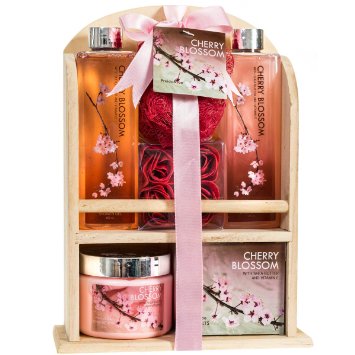 Cherry Blossom Spa Gift Set in a Natural Wood Caddy