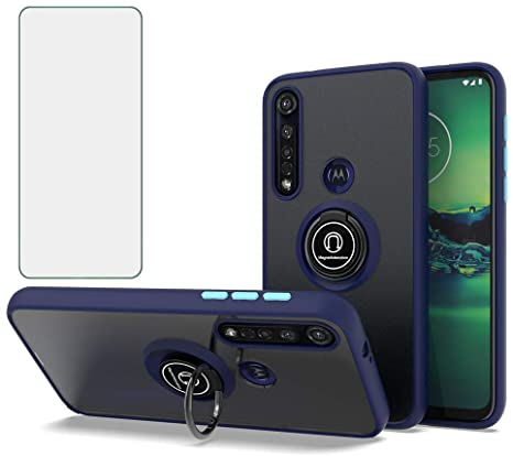 Phone Case for Moto G8 G8  Plus Translucent Matte Slim Thin Cover Tempered Glass Screen Protector with Finger Ring Grip Rotating Holder Stand for MotoG8  MotoG8Plus G8Plus 8Plus XT2019-2 Dark Blue