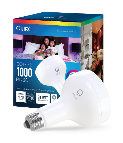 LIFX Color 1000 BR30 Wi-Fi Smart LED Light Bulb Adjustable Multicolor Dimmable No Hub Required Works with Alexa