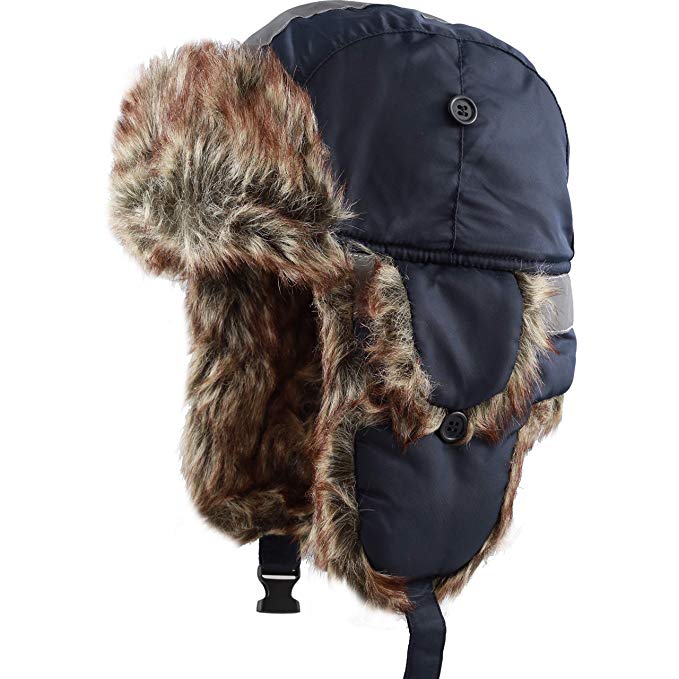THE HAT DEPOT Faux Fur Safety Reflective Aviator Kids Adult Trapper Hat Snow Ski Trooper Winter Cap