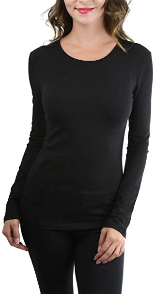 ToBeInStyle Women's Cotton-Blend Crew-Neck Staple Top with Long Sleeves