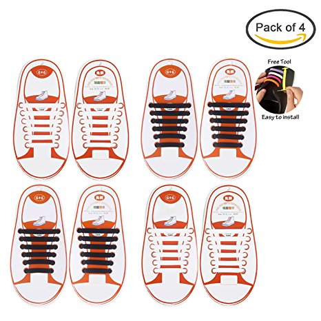 Pack of 4 No Tie Elastic Shoelaces For Adults and Kids with Free Tool, Konsait No-Tie Silicone Shoe Laces Waterproof Rubber Running Shoe Laces for Sneakers Board Casual Shoes