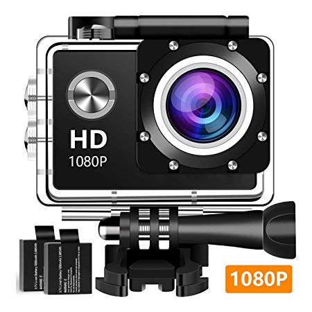 Dearam 1080P Action Camera, Ultra HD 30m Waterproof Camera, 140 Degree Wide Angle, 2 Rechargeable Batteries and Mounting Accessories Kit