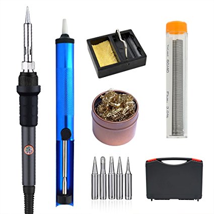 Sywon 60W 110V Electric Soldering Iron Kit, Tip Cleaner, Adjustable Temperature, Solder Sucker, Tin Wire Tube, Stand with Cleaning Sponge and Tips in Carry Case (Grey)