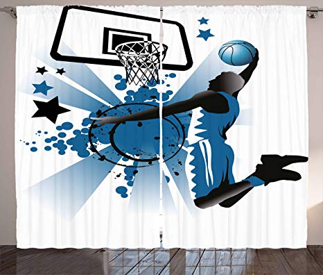 Ambesonne Teen Room Decor Curtains, Silhouette of Basketball Player Jumping Success Stars Illustration, Living Room Bedroom Window Drapes 2 Panel Set, 108 W X 63 L Inches, Black Violet Blue