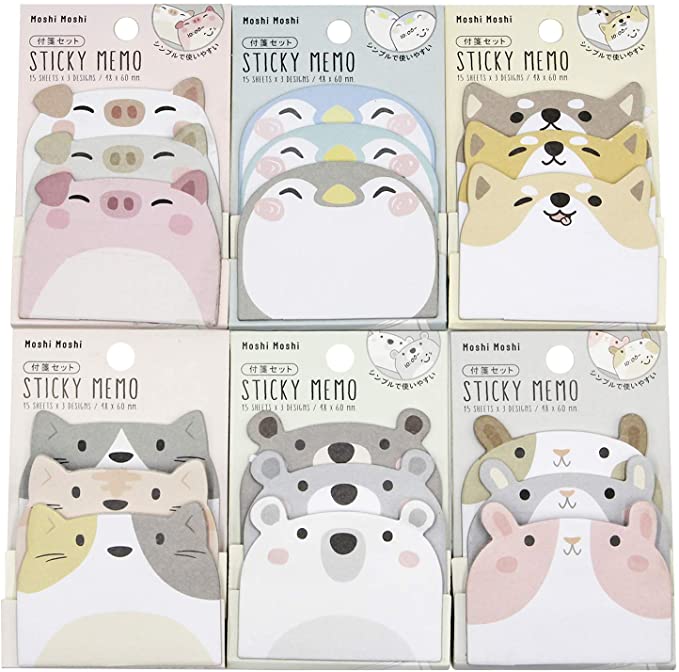 KINGSEVEN 6 Packs Cute Animal Cartoon Sticky Notes Self-Stick Memo Pad Sets for Pet Lovers Kids Girls,45 Sheets/Pad