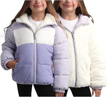 DKNY Girl's Puffer Jacket - Cozy Full Zip Up Girls Fashion Hoodie - Reversible Fur Hooded Puffer Jacket for Girls (7-16)