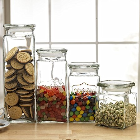Set of 4 Glass Canister Jars with Air Tight Lids for Kitchen or Bathroom, Food, Cookie, Cracker, Storage Containers, Square, Clear 28, 44, 57, and 80 Oz