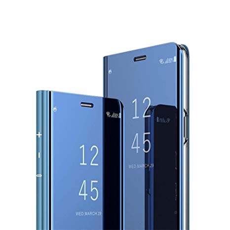 HMTECHUS Huawei P30 Pro case Luxury Bookstyle Clear View Window Electroplate Plating Stand Scratchproof Full Body Protective Flip Folio Ultra Slim Cover for Huawei P30 Pro PU Mirror:Blue MX