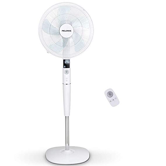 PELONIS Fan, Quiet DC Motor Oscillating Standing Pedestal Fan with Powerful 26 Speed, 5 Silent Modes, 12h On/Off Timer, Adjustable Height and Tilt, Remote Control, 16-Inch, White