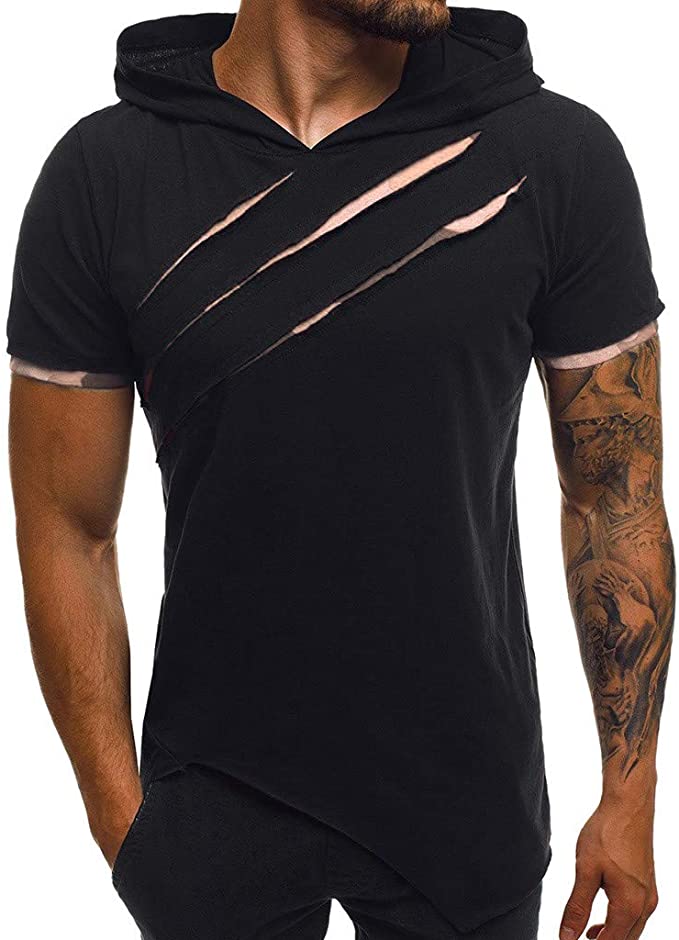 Letdown_Men tops Hooded Shirts for Men Short Sleeve Scratch Zipper Pattern Casual Slim Fit T-Shirts Mens Fashion Summer Shirt