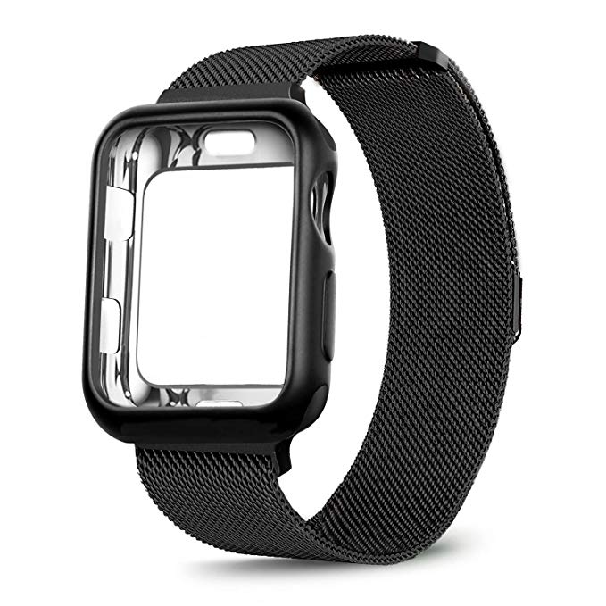 OROBAY Compatible with Apple Watch Band Case 38mm, Stainless Steel Magnetic Mesh Milanese Loop Band with Soft TPU Case Compatible with Apple Watch Series 3 Series 2 Series 1, Black