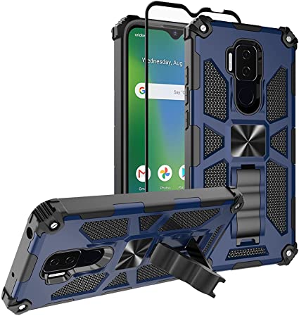 Nuomaofly Case for Cricket Influence/AT&T Maestro Plus with Screen Protector, [Military-Grade Protective] Defender Phone Case Heavy Duty with Finger Ring Holder Kickstand - Blue