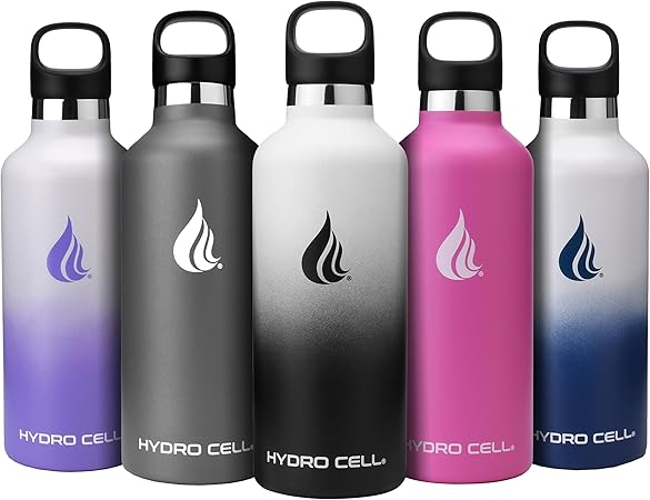 HYDRO CELL Stainless Steel Water Bottle with Straw & 2 Standard Mouth Lids (32oz 24oz 20oz 16oz) Keeps Liquids Hot or Cold w/Double Wall Vacuum Insulated Leak Proof Sport Design (Black/White 32oz)