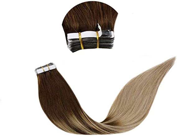 LaaVoo Tape in Extensions Remy Human Hair Tape Glue Tape Hair Pieces Double Sided Invisible Tape # Dark Brown Balayage Ash Blonde (20Inch/50cm 2.5g/pc 50G)