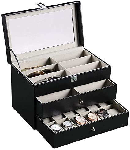 Penxina Sunglasses Organizer, Eyeglasses Eyewear Display Case, Sunglass Glasses Jewelry Collection Case Storage Holder Box with Clear Glass Lid