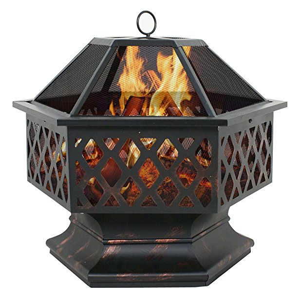 ZENY 24" Hex Shaped Fire Pit Outdoor Home Garden Backyard Wood Burning Fireplace w/ Spark Screen Cover