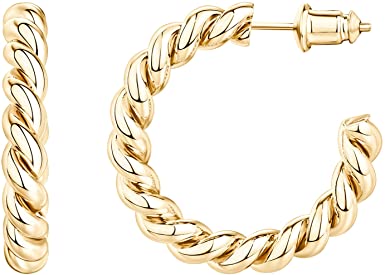 PAVOI 14K Gold Plated 925 Sterling Silver Twisted Rope Round Hoop Earrings in Rose Gold, White Gold and Yellow Gold