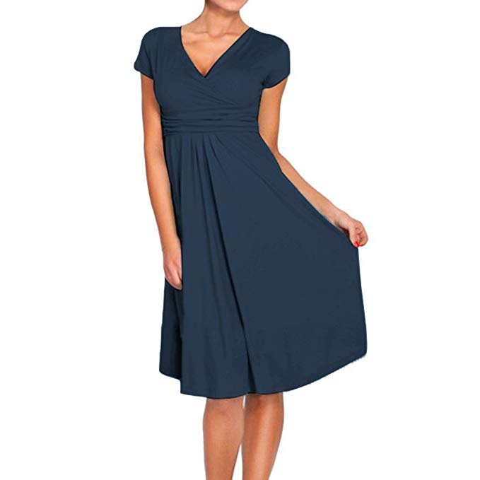 Sue&Joe Women's Fit and Flare Dress V-Neck Ruched Flowy Pleated Cap Sleeve Dress