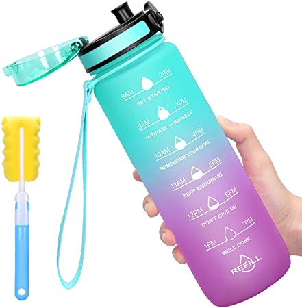 Favofit Motivational Water Bottle with Time Marker 32 oz Water Bottles with Times to Drink - Reusable & BPA Free Tritan Plastic - Perfect for Sports Fitness Gym Workout