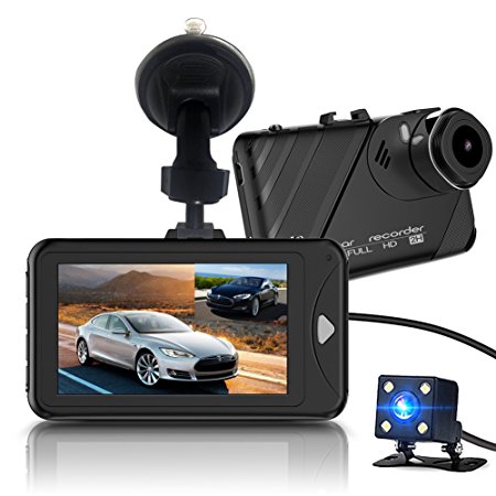 Dash Cam,Bekhic Dash Camera for Cars with Full HD 1080P Front and 720P Rear 290 Degree Super Wide Angle Dual Cameras, 3.0" TFT Display,Reverse Image,G-Sensor, Night Vision, WDR, Parking Guard etc