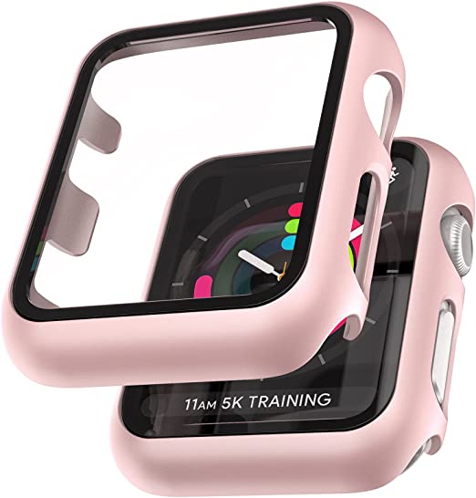 2 Pack LϟK Case for Apple Watch 40mm SE/Series 6/5/4 Built-in Tempered Glass Screen Protector, All-Around Ultra-Thin Bumper Full Cover Hard PC Protective Case for iWatch 40mm - Pink