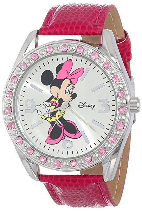 Disney Women's MN1010 Minnie Mouse Silver Sunray Dial Pink Lizard Watch