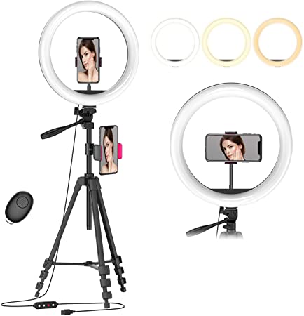 12.6" Selfie Ring Light with 54" Tripod Stand & Flexible Phone Holder for Live Stream/Makeup/Photography,Upgraded Dimmable LED Beauty Camera Ringlight for YouTube Video Compatible with iPhone/Android