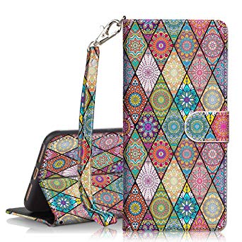 iPhone XR Case, Hocase PU Leather Full Body Protective Wallet Case with Credit Card Holders, Wrist Strap, Magnetic Closure for iPhone XR 2018 w/ 6.1-inch Display - Mandala Flowers