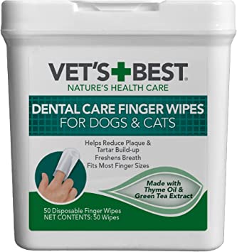 Vet's Best Dental Care Finger Wipes | Reduces Plaque & Freshens Breath | Teeth Cleaning Finger Wipes for Dogs & Cats | 50 Disposable Wipes