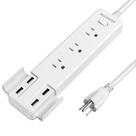 Heavy Duty 3 Outlets 4 USB Ports Power Strip Mugenter 110-240V Power Strip with USB Ports & 5ft Cord for Home and Office, White