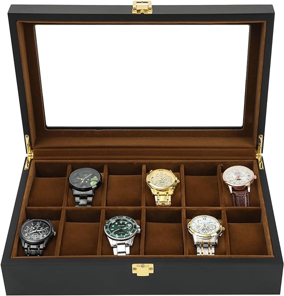 Watch Box,12 Slots Wooden Watch Organizer Box with Real Glass Top,Jewelry Storage Display Case for Men Father Husband Boy Friend (12 Slots)
