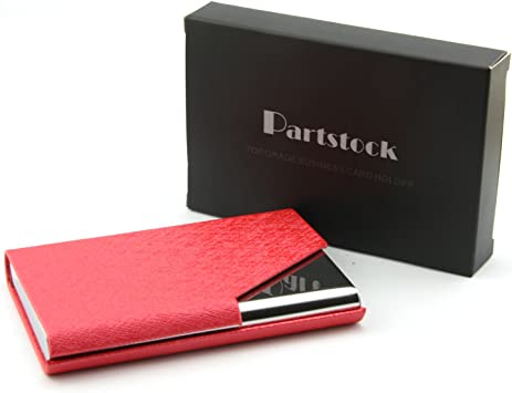 Partstock(TM) Ladys Cross Pattern PU Leather and Stainless Steel Business Name Card Holder Wallet Leather Credit Card ID Case/Holder 25 Name Cards Case with Magnetic Shut.(Red)