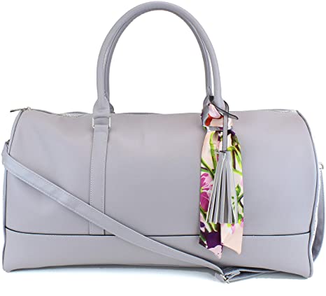 Women's Large PU Leather Weekender Duffel Bag with Satin Interior - Big 22" Carry-On Size - Light Grey