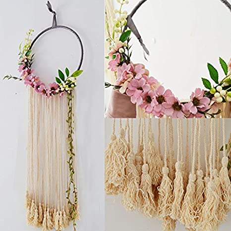 RISEON Handmade 32" Long Large Tassel Dream Catcher Wall Hanging Decoration Macrame Fringe Floral Flower Wreath Dreamcatcher Boho Home Decor Ornament Gift (Pink)