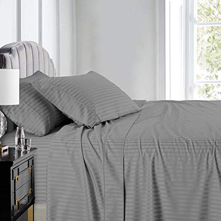 Royal Hotel Stripe Sheets - 600 Thread Count - 4PC Bed Sheet Set - 100% Cotton - Sateen Stripe, Deep Pocket, Queen Size, Gray