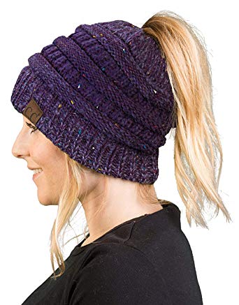 BT-6800-8140 Messy Bun Womens Winter Knit Hat Beanie Tail - Variegated Purple