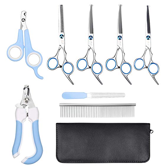 iDogin Professional Dog Grooming Scissors Kit, Premium Stainless Steel Pet Trimmer Set Round Tip Thinning & Straight & Curved Shears with Comb and Extra Two Nail Clippers for Dogs and Cats