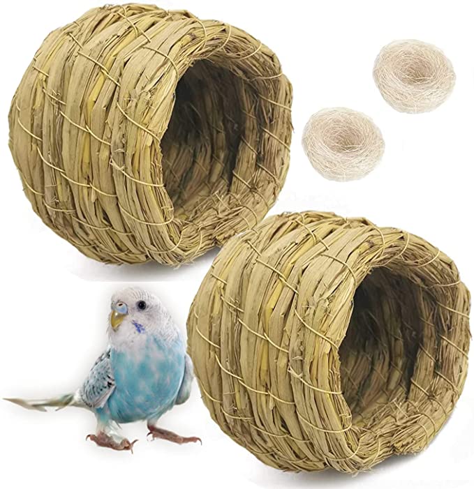 kathson Straw Bird Nest Natural Fiber Birdcage Birdhouse Parrot Hideaway Shelter Hut Parakeet Perch Hanging Bell Toys for Small Finch Canary Lovebird Resting Breeding Playing 4PCS