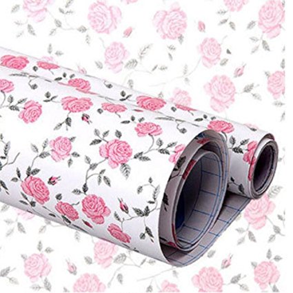 Valleycomfy Waterproof and Dustproof PVC Self-Adhesive Shelf Liner Drawer Contact Paper Perfect For Drawer, Furniture, Wall Decoration, 17x78 Inches, Pink Peony
