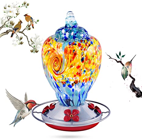 Hummingbird Feeder for Outdoor,Bird Feeder Hummingbird,Hand Blown Glass Humming Bird Feeder for Outside,Upgraded Leak Proof with Ant Moat and Hook,28 Ounce (Yellow, 28ounce)