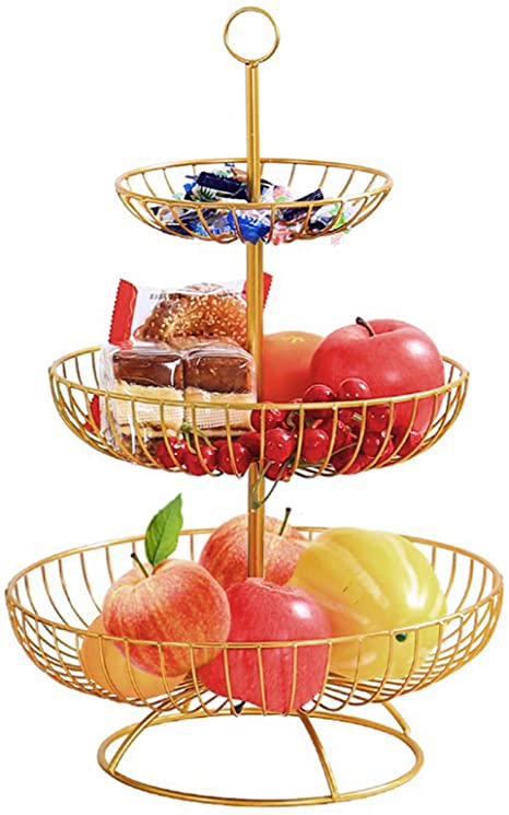 3 Tier Metal Fruit Basket Bowl, Jomense Elegant Wire Fruit Rack Tiered Fruit Bowl, Practical Storage Stand for Fruit Cake Snack (Gold)