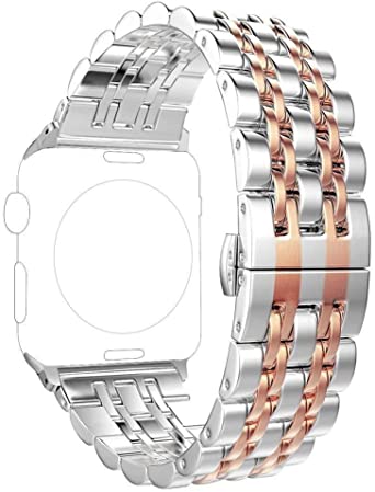 PUGO TOP Replacement for Stainless Steel Metal Apple Watch Band 44mm Series 5 4 42mm Iwatch Replacement Band Series 3/2/1 2 Tones for Women Men (42/44mm, Rose Gold)