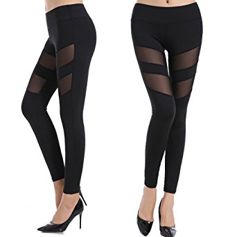 CROSS1946 Sexy Women's High Waist Sexy Skinny Patchwork Thigh Mesh Yoga Pants Leggings Soft Fitness Capris