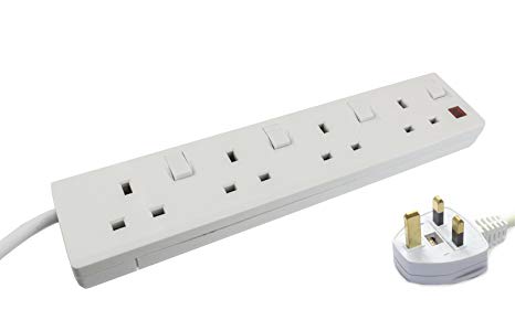 Wickes Master 4 Way Extension Lead w/ Neon Indicators in White Finish ( 13A Fuse, 4 Gang Individually Switched, 2 Metre Cable, UK Plug, British Standards: BS1363 )