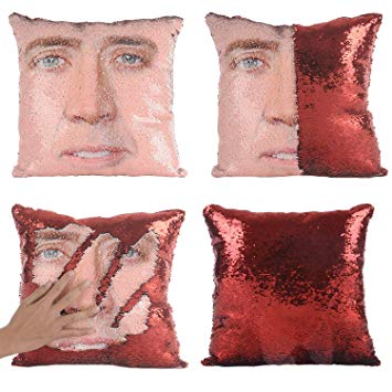 Albabara Sequin Home Decor Pillow Cover Nicolas Cage Pattern Throw Pillow Case Sofa Cushion Cover 15.7"15.7", Magic Reversible Sequin Pillowcase Mermaid Pillow(Cover Only)